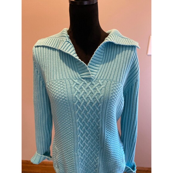 Liz & Co Sweater Size XL Cable & Rib Knit V Neck Collar Pockets Turquoise Blue - Picture 3 of 11